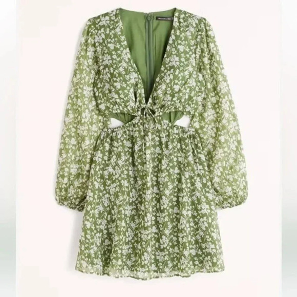 Abercrombie & Fitch Long Sleeve Cut Out Mini Dress NWT Green Floral Size Small - Picture 2 of 7